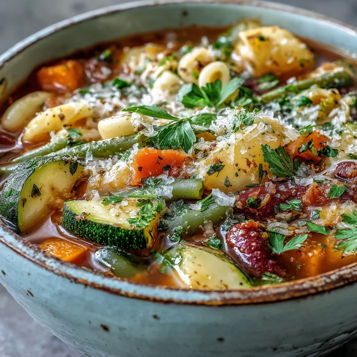 Hearty Minestrone Vegetable Soup with beans and pasta, served steaming hot in a rustic bowl with fresh parsley.