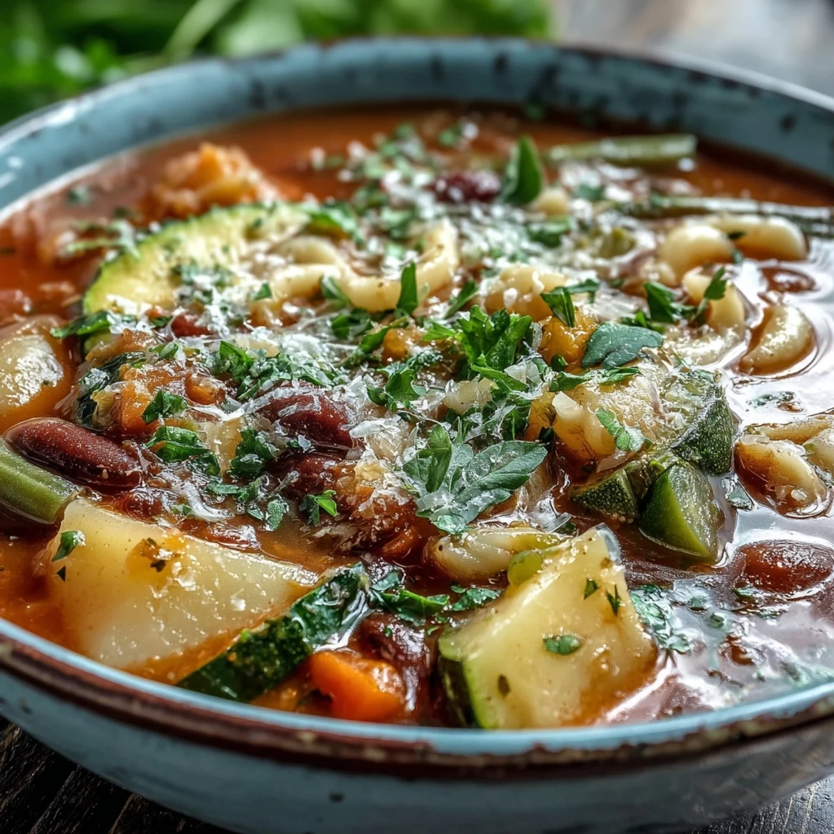 A colorful bowl of Minestrone Vegetable Soup, garnished with Parmesan and wilted spinach alongside crusty artisan bread for dipping.
