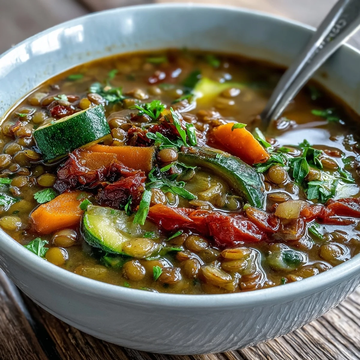 Steaming bowl of hearty Lentil and Vegetable Soup garnished with fresh parsley, beside a slice of crusty bread.