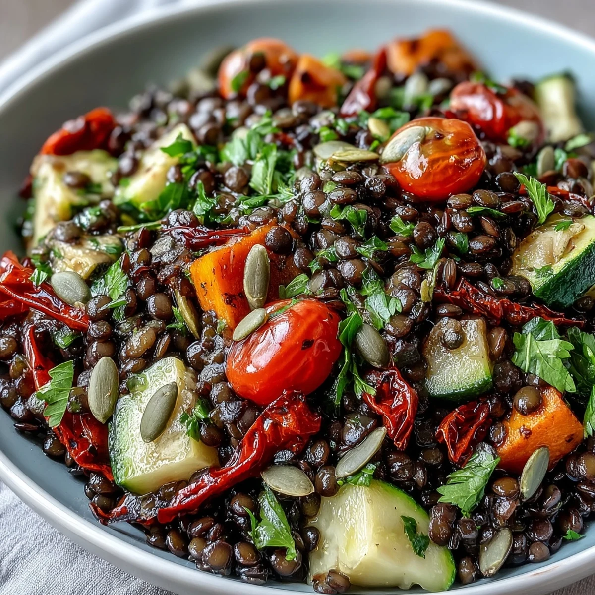 A vibrant black lentil salad, tossed with fresh parsley and pumpkin seeds for crunch.