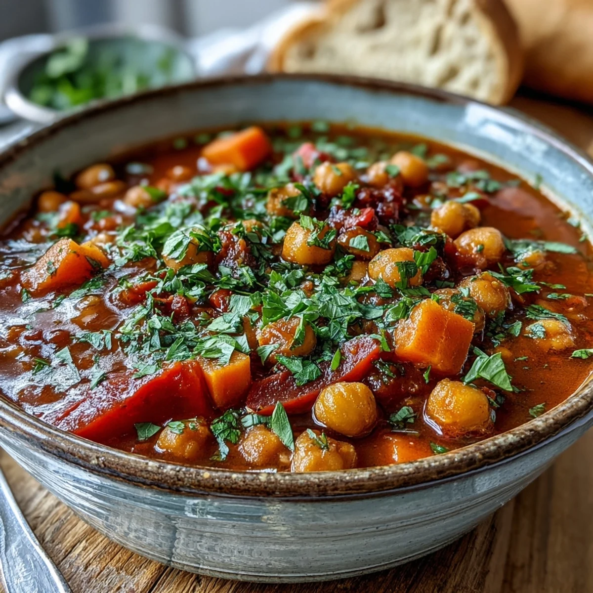 A close-up of Spicy Chickpea Stew bubbling in a rustic pot, with fresh cilantro and lemon wedges on the side.