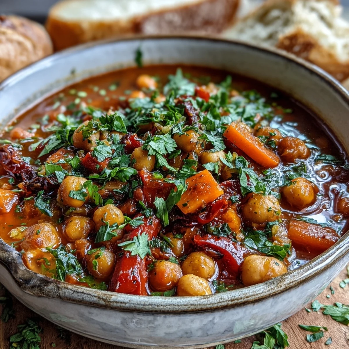 Spicy Chickpea Stew is ladled into a white bowl, steam rising, next to crusty artisan bread for dipping.