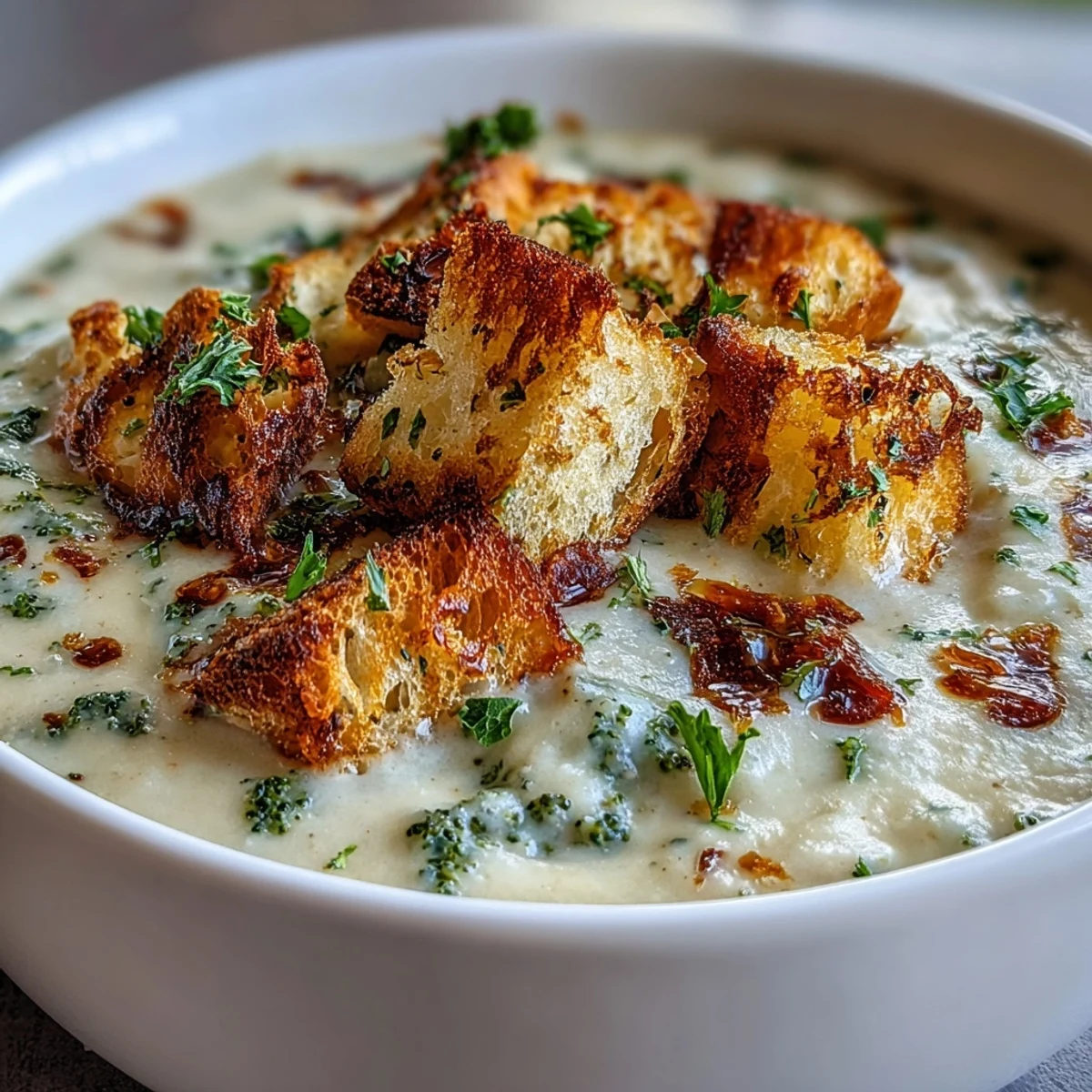Creamy Cauliflower and Broccoli Soup topped with golden croutons, fresh parsley, and optional Parmesan cheese in a cozy bowl.