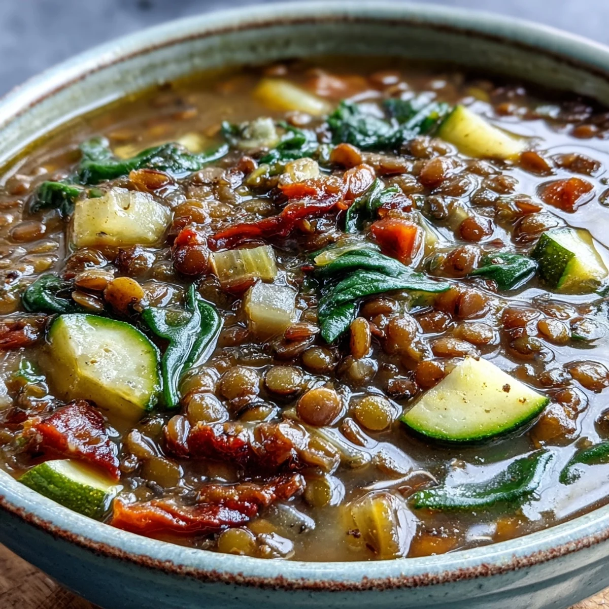 Golden-brown lentil soup with diced carrots and celery simmering in a rich, spiced tomato broth.