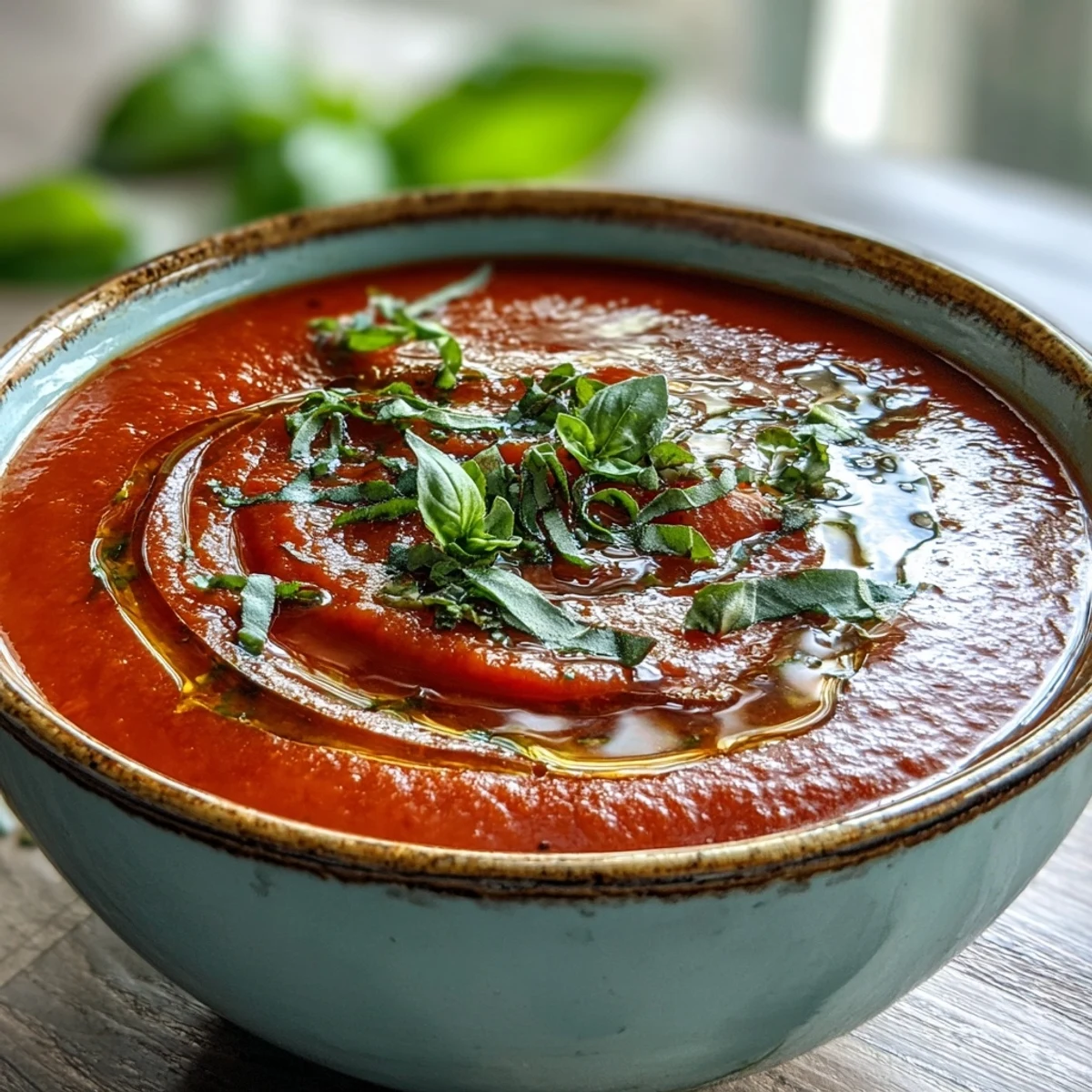 A steaming bowl of homemade Tomato and Basil Soup, garnished with fresh basil and a swirl of olive oil.