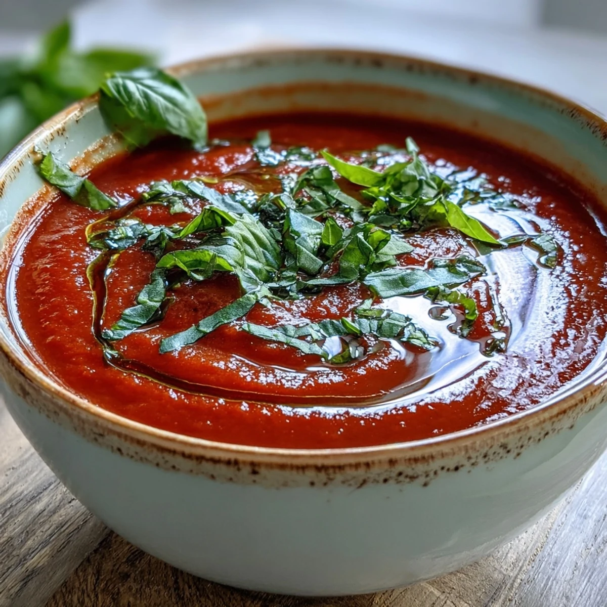 Silky smooth Tomato and Basil Soup served in a rustic bowl alongside crusty artisan bread for dipping.