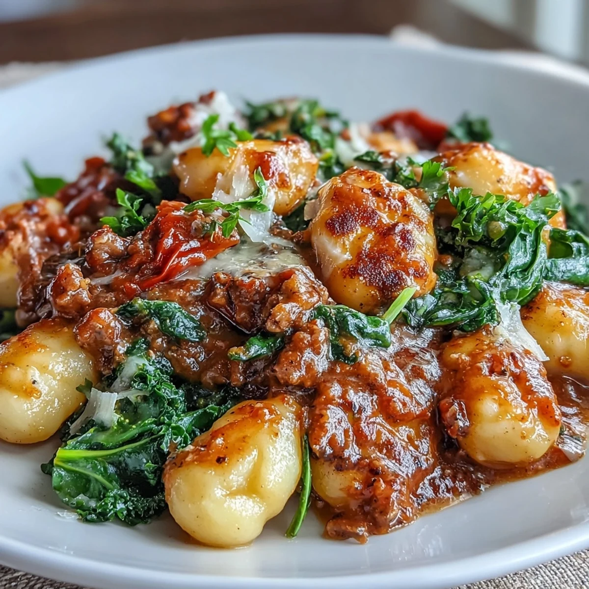Steaming skillet of Sausage Gnocchi with Kale, featuring tender potato dumplings, spicy sausage crumbles, and bright greens.