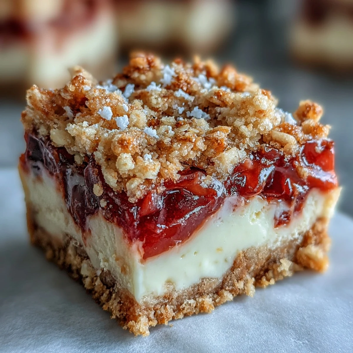 Golden-baked Rhubarb and Custard Crumble Bars with a buttery oat topping, showcasing pink fruit and creamy layers on a rustic wooden board.