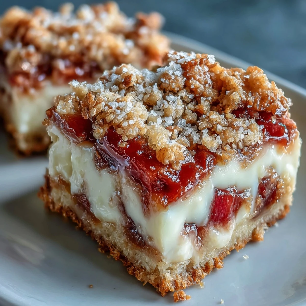 Close-up of Rhubarb and Custard Crumble Bars with chunky rhubarb pieces, creamy yellow custard, and a textured crumble topping on a kitchen counter.