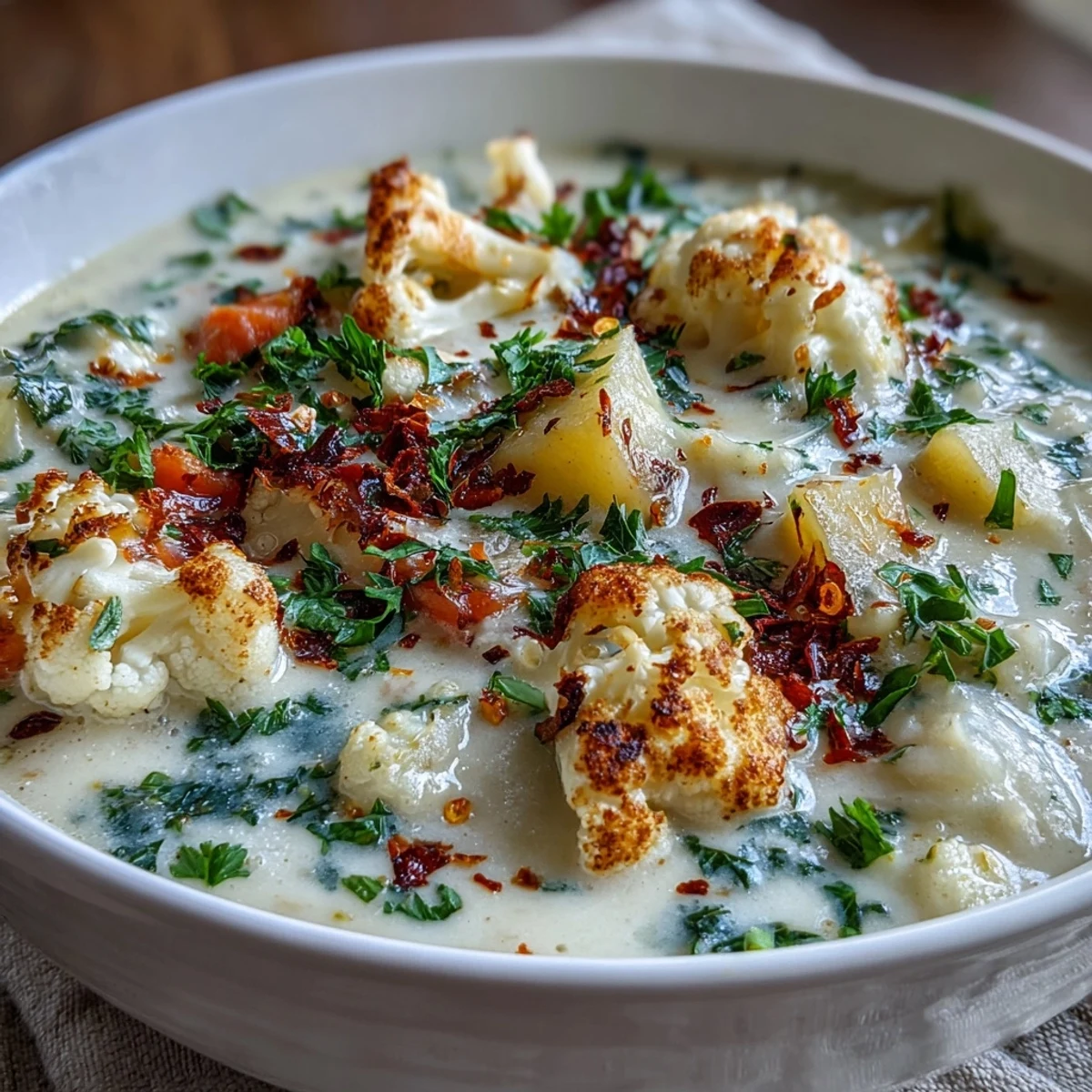 A hearty, gluten-free bowl of Vegetarian Cauliflower Chowder with tender potatoes and carrots, served with a slice of crusty bread.  
