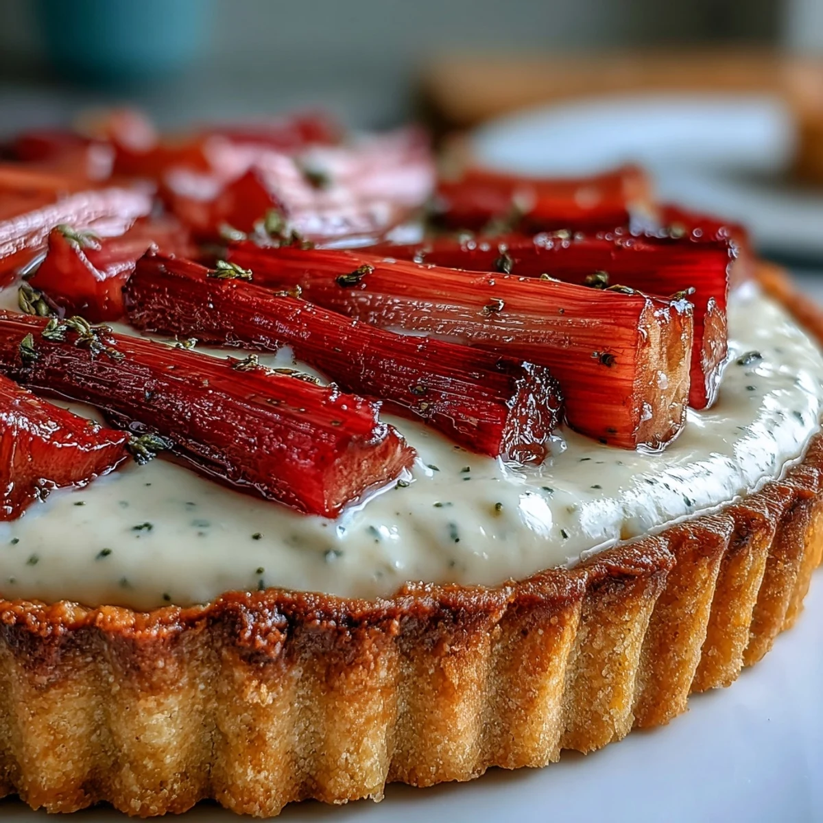A slice of elegant Rhubarb, White Chocolate, and Elderflower Tart reveals a crisp crust and velvety custard filling.