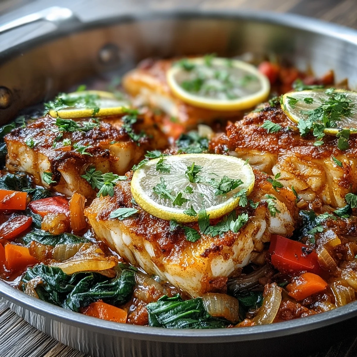 Flaky cod fillets nestled in a one pot simmer of tomatoes, peppers, and aromatic spices, garnished with fresh cilantro and lemon wedges for a vibrant Mediterranean main dish.  