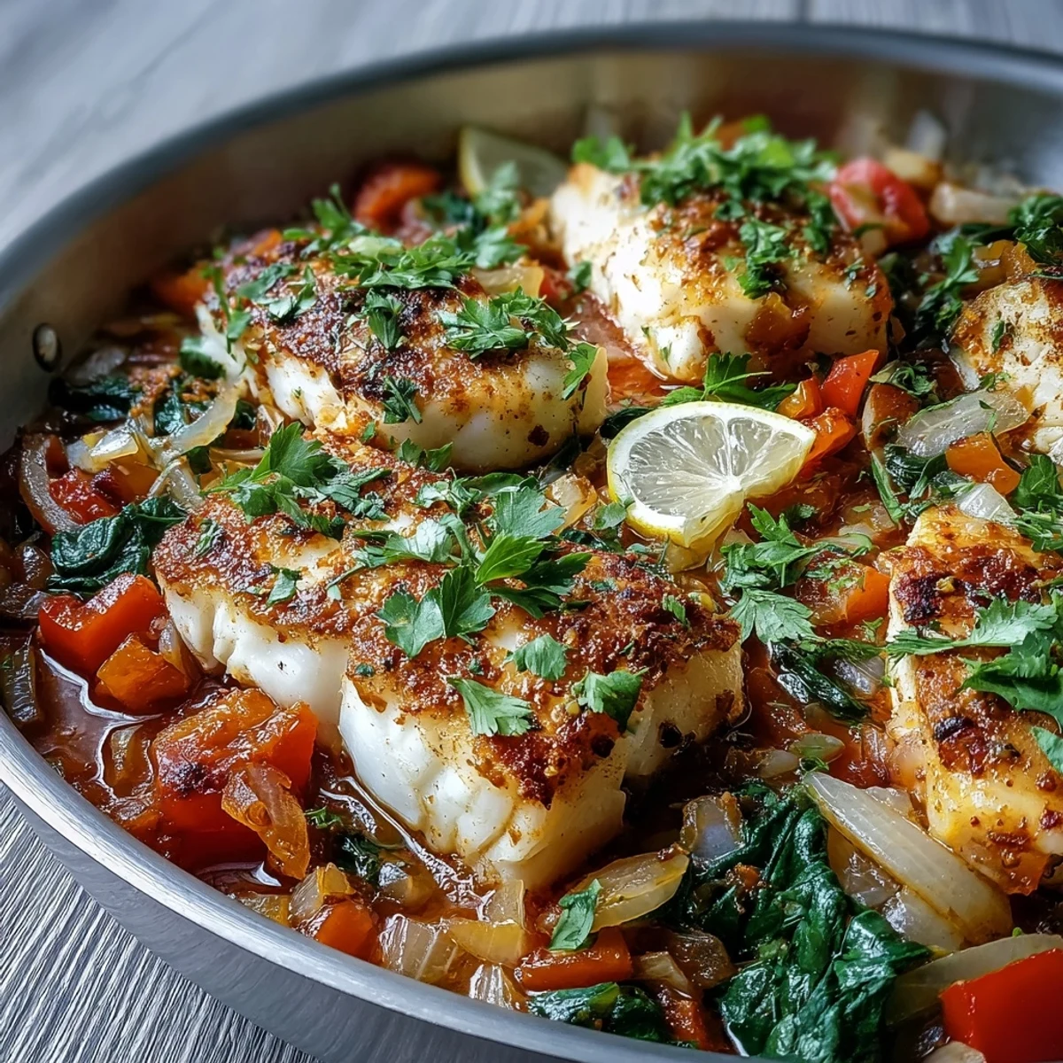 Hearty one pot spiced cod with soft onions, garlic, and zesty lemon slices, ready to serve over steamed rice or with crusty bread to soak up the sauce.