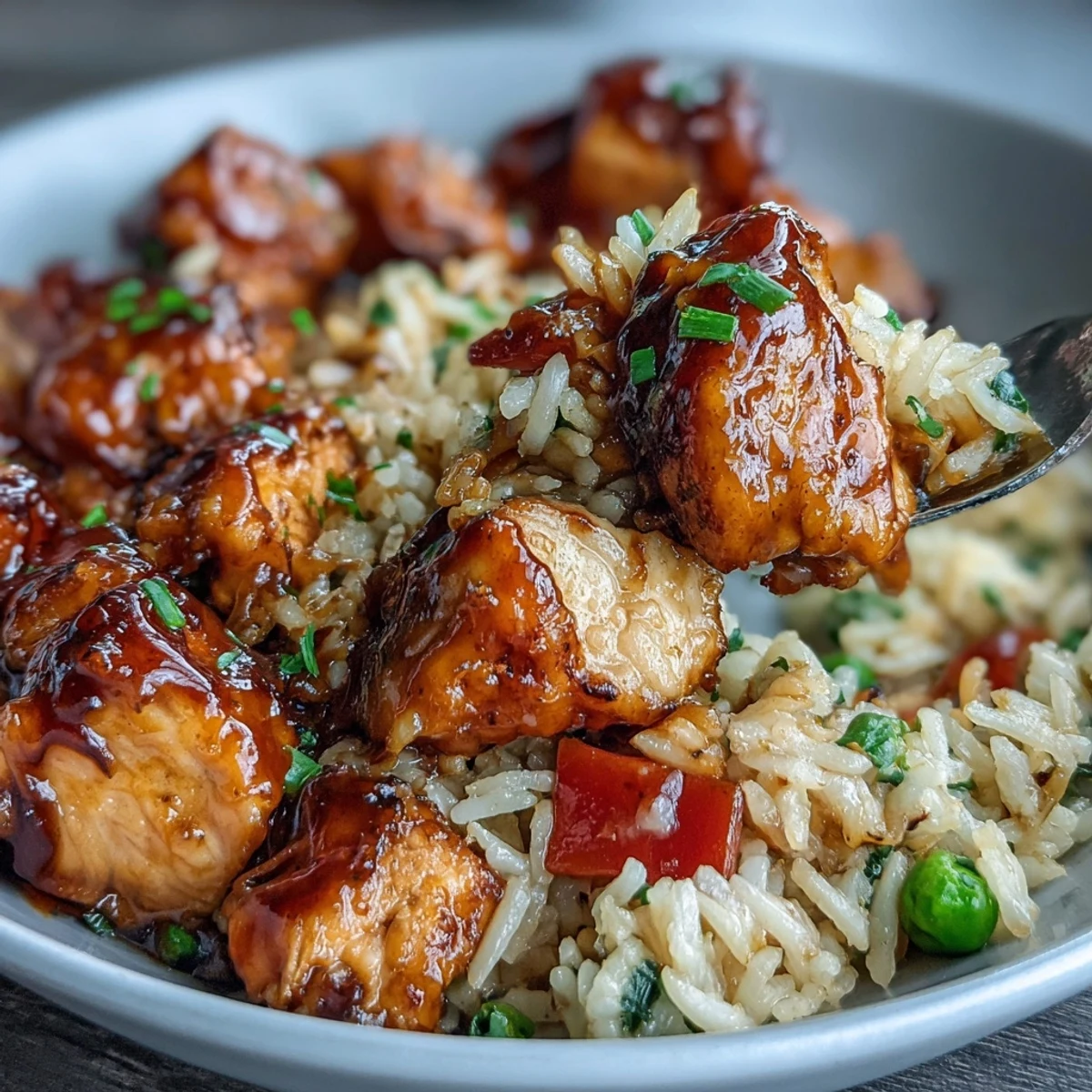 Glossy, sticky honey BBQ sauce coats tender chicken pieces nestled in fluffy rice and vibrant mixed vegetables in this one-pan meal.