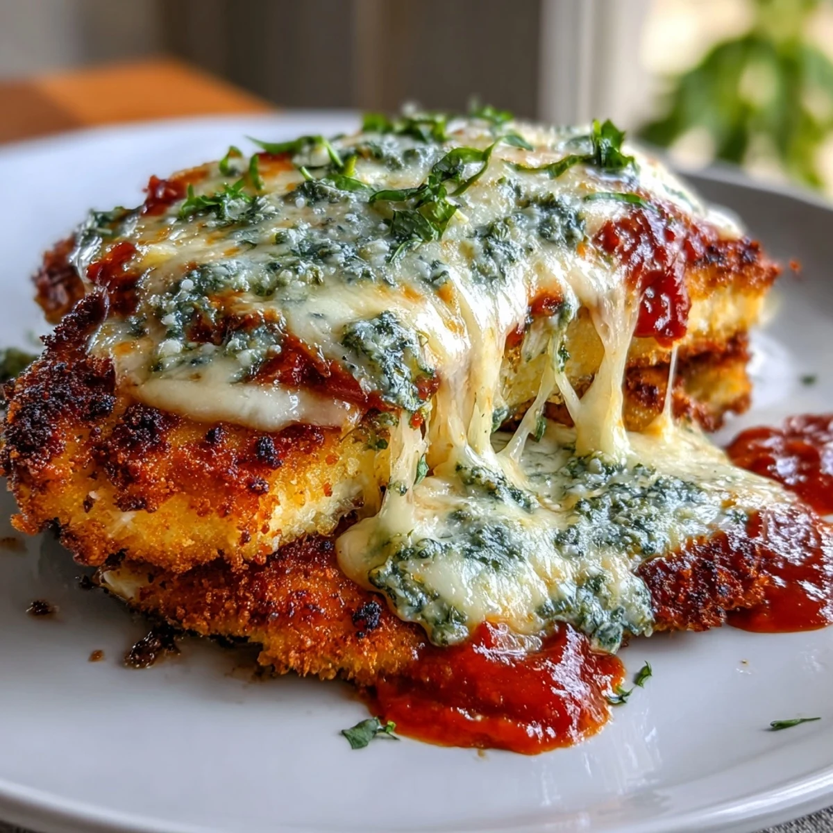 Golden brown breaded chicken breasts topped with pesto, marinara, and bubbly melted mozzarella and Parmesan cheese.