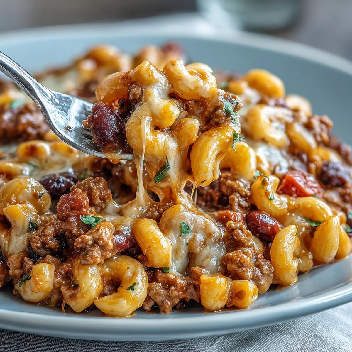 Creamy One-Pan High Protein Chili Mac topped with sour cream, green onions, and melted cheddar in a rustic bowl.