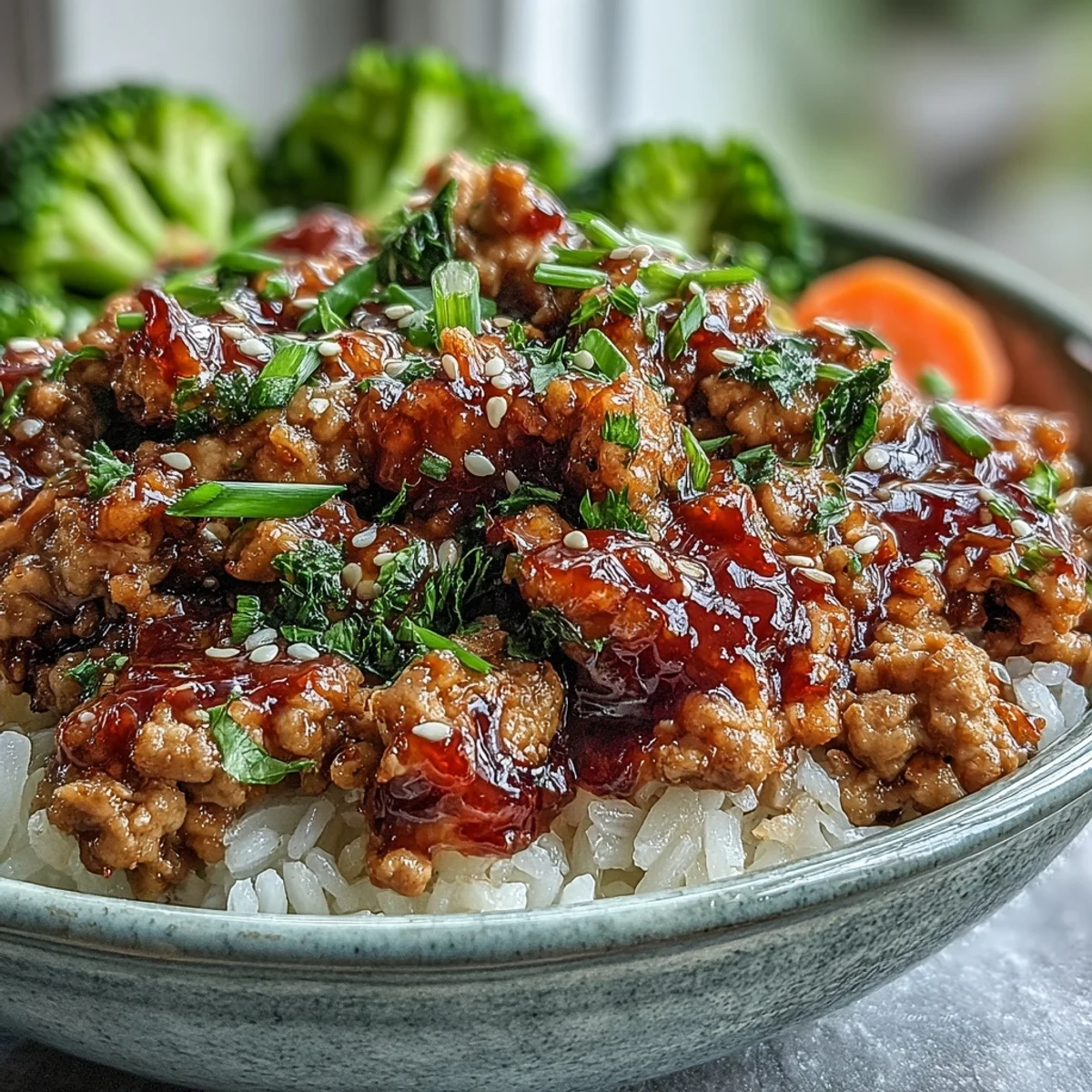 A savory skillet of Korean-Style Ground Turkey, ready to be served with steamed rice and sautéed vegetables.