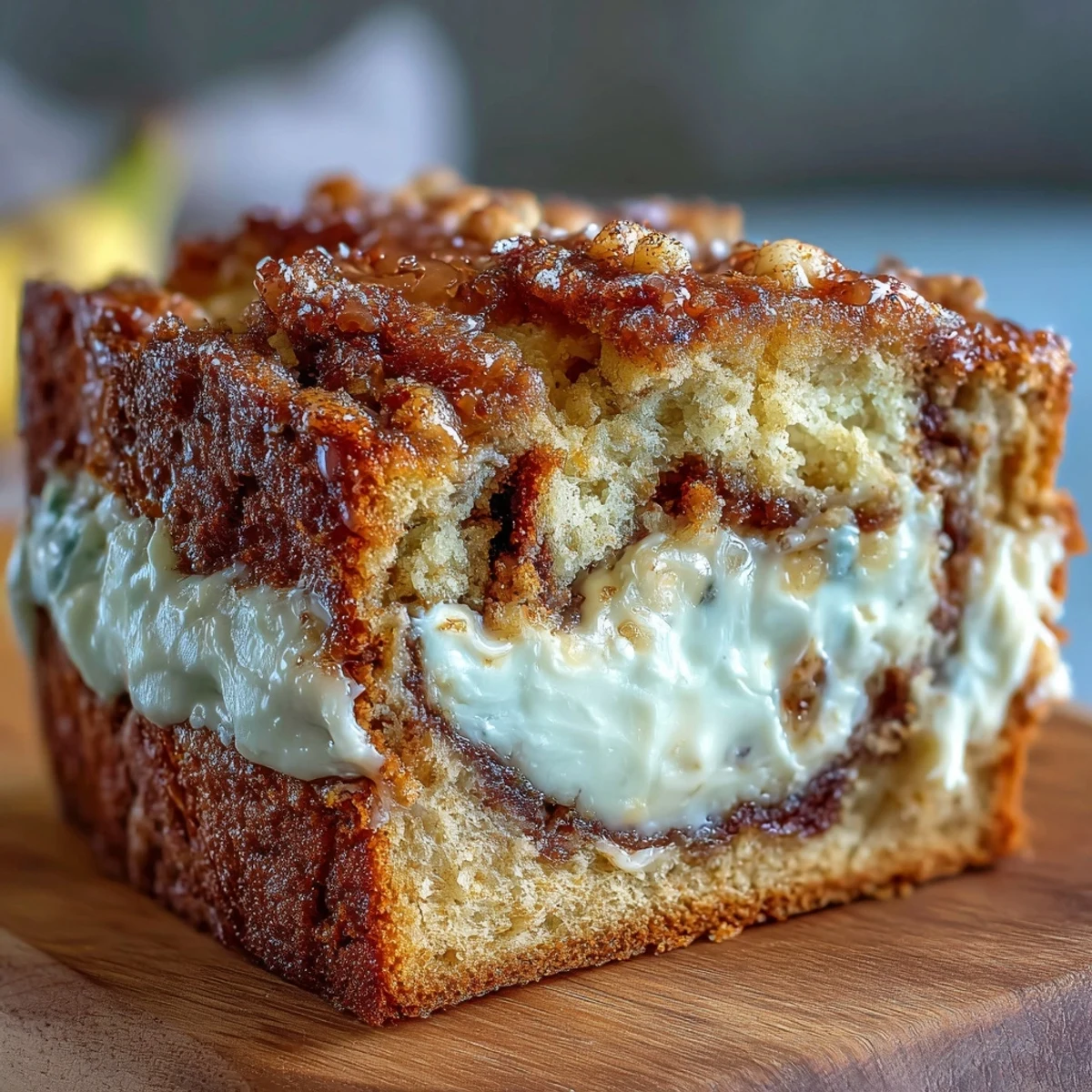 A thick slice of Cream Cheese Cinnamon Swirl Banana Bread is lifted from the loaf, revealing moist banana cake and a creamy center.