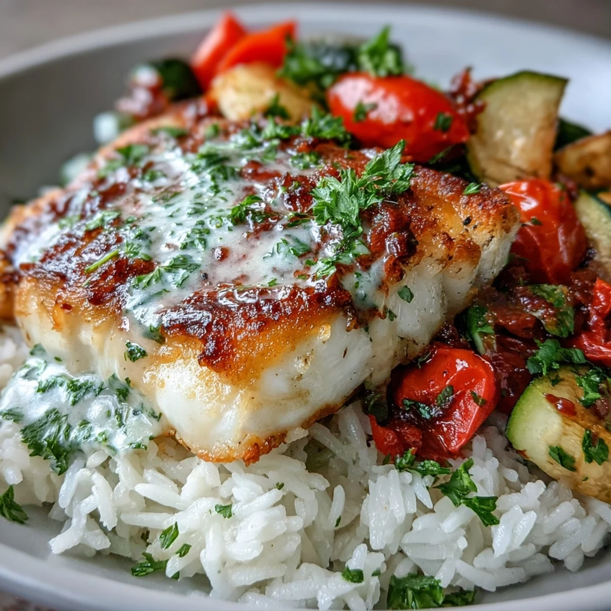 Pan-Seared Fish Bowl with golden, flaky white fish, fluffy rice, and roasted vegetables, drizzled with lemon sauce.
