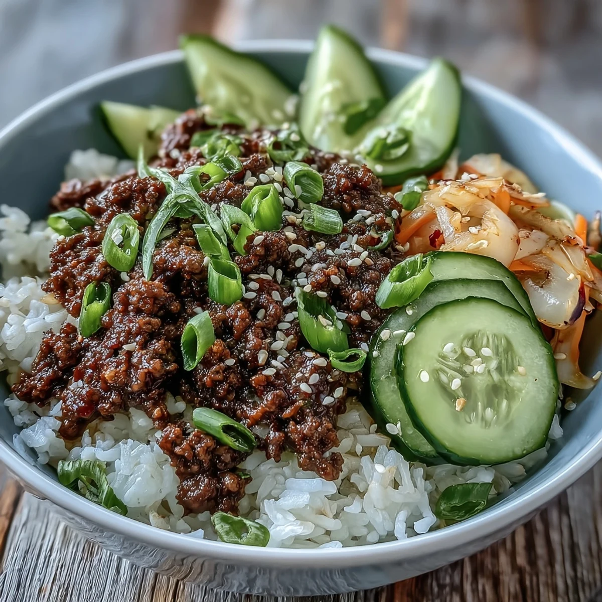 Korean Ground Beef Bowl with savory glazed beef, crisp carrots and cucumber over rice.