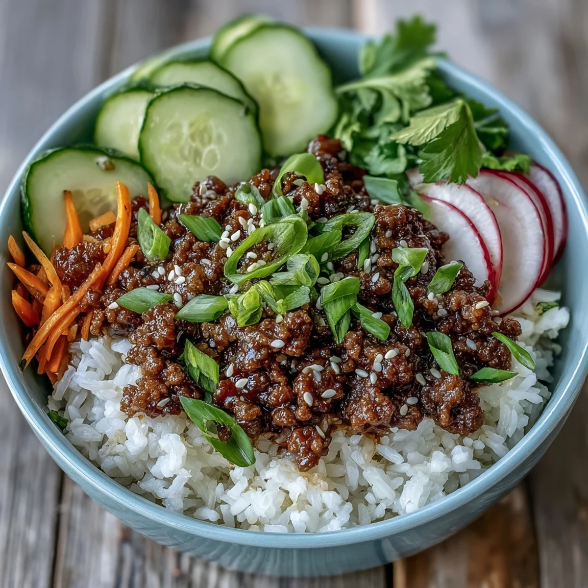 Steaming Korean Ground Beef Bowl with tangy pickles and sesame seeds over cauliflower rice.
