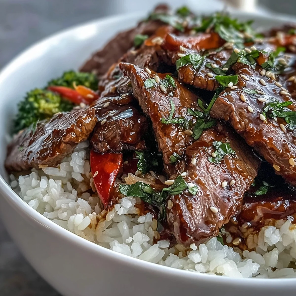 Steaming bowls of fluffy white rice topped with tender teriyaki beef and vibrant sautéed vegetables.