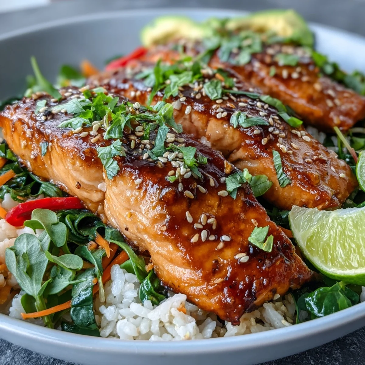 Hot Soy Ginger Salmon Bowl with glazed salmon, steamed jasmine rice, and vibrant stir-fried vegetables, served for dinner.
