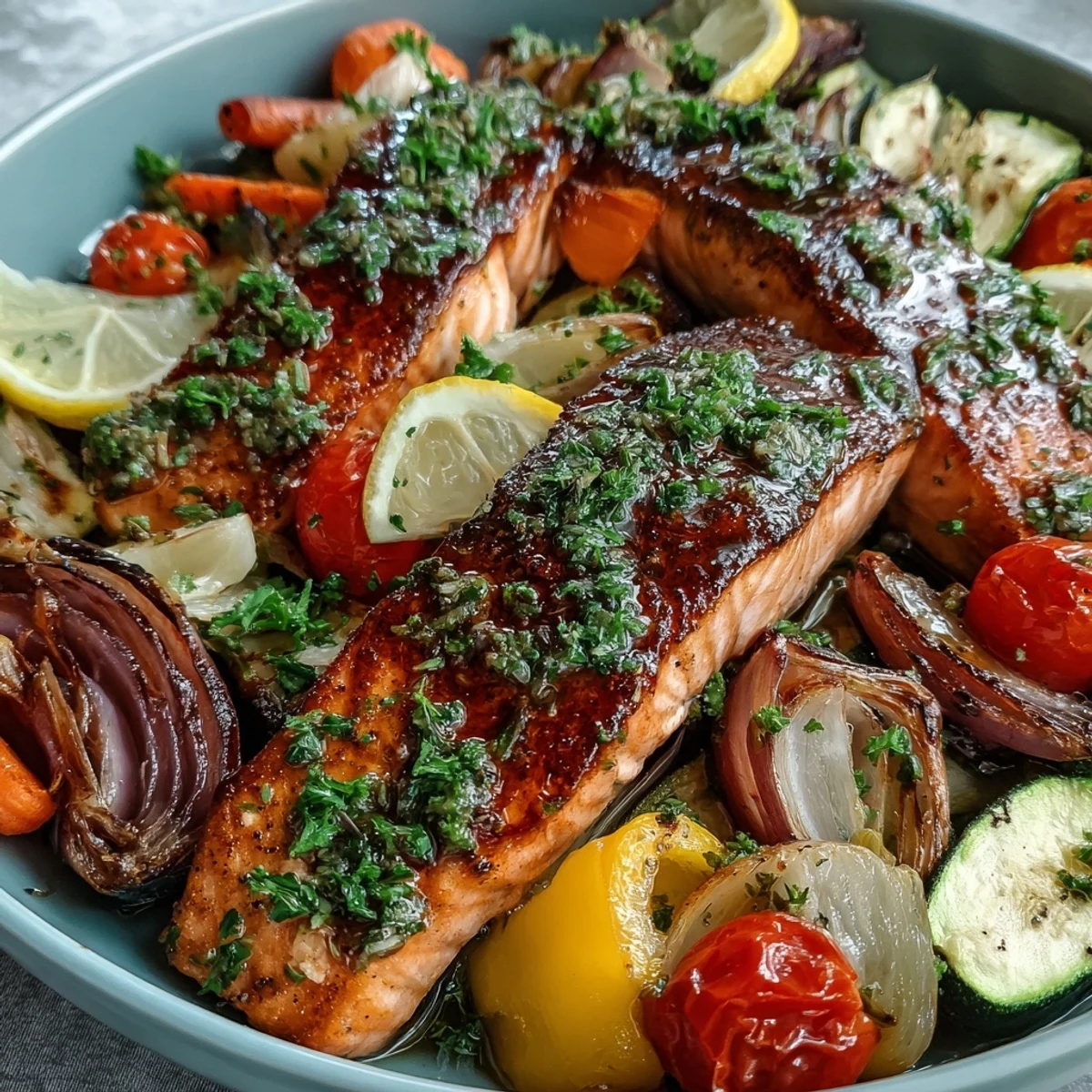 Golden-brown roasted salmon fillets and colorful roasted vegetables from the Sheet Pan Salmon and Veggies Bowl arranged on a baking sheet with lemon wedges.