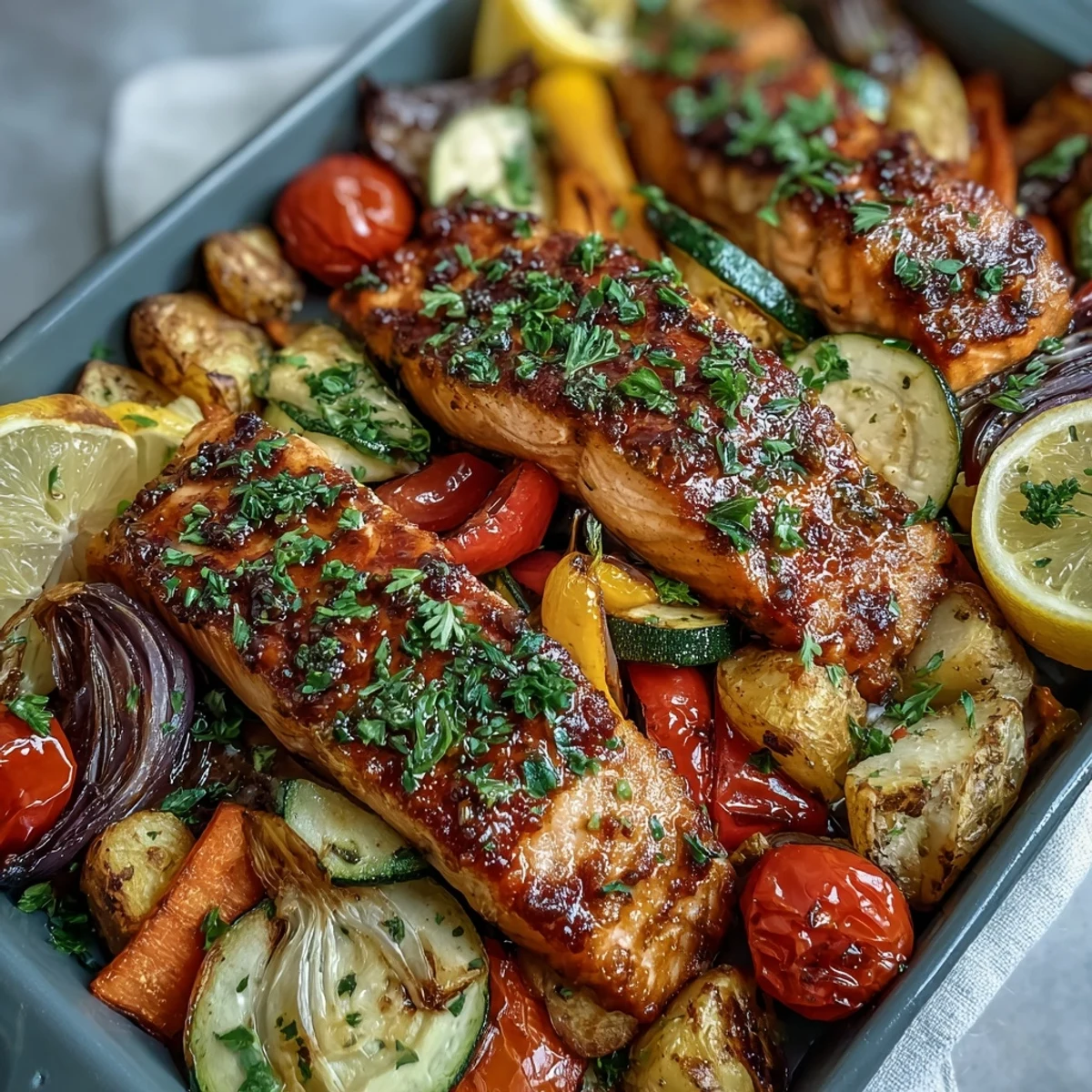 Healthy and vibrant Sheet Pan Salmon and Veggies Bowl served hot on a plate, garnished with fresh parsley and ready for a quick dinner.