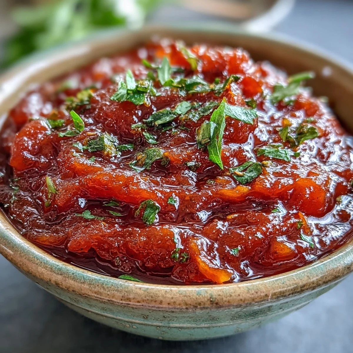 A bowl of homemade Guava Chutney garnished with fresh curry leaves and tempered mustard seeds.