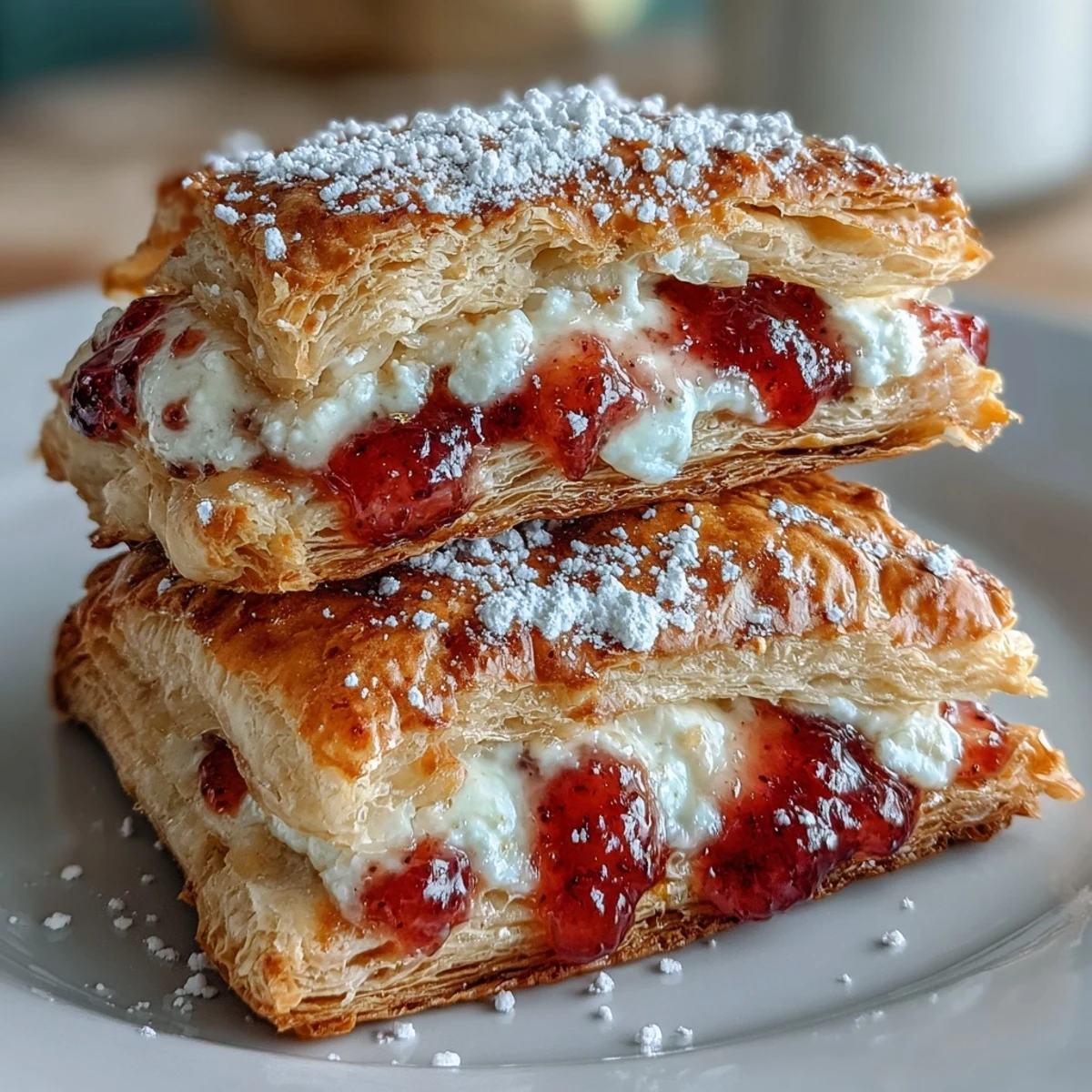 Golden Guava Cheese Pastries rest on a baking sheet, their flaky puff pastry crust baked to a crisp, buttery finish with visible laminated layers.