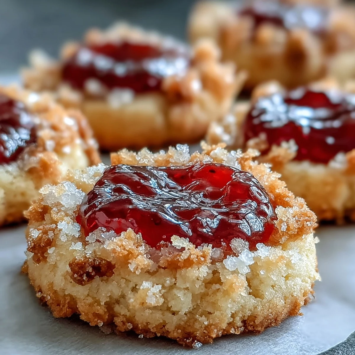 Close-up of Guava Jam Thumbprint Cookies with a buttery, crumbly texture and a vibrant, sweet-tart guava filling.