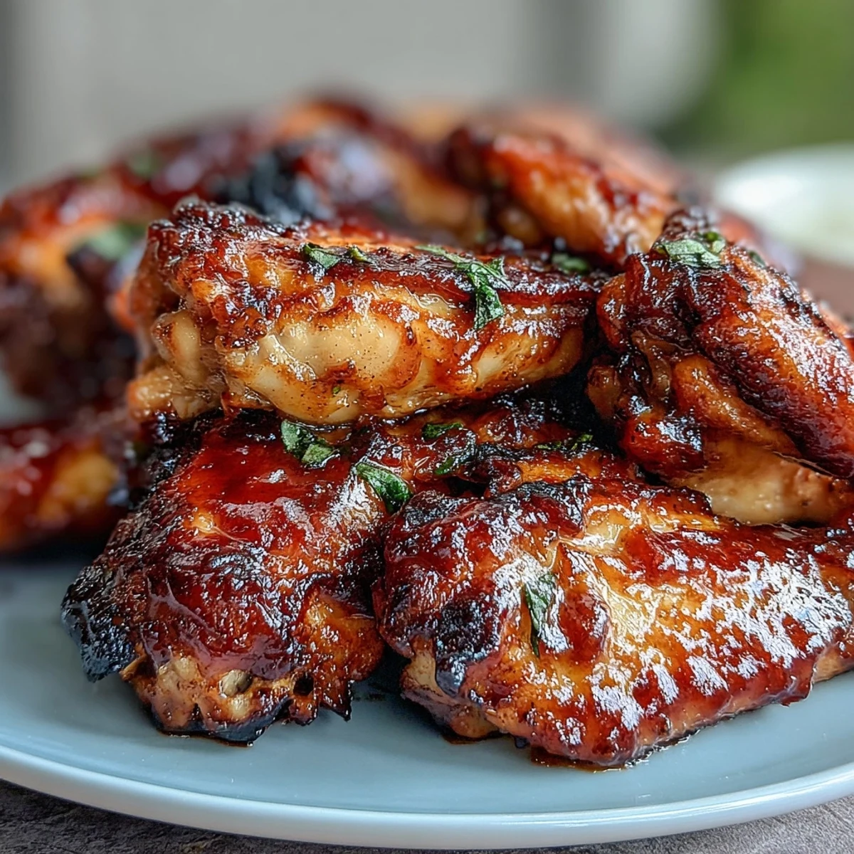 Freshly roasted Guava BBQ Glazed Chicken Wings with a sticky, sweet and smoky glaze served on a wire rack.