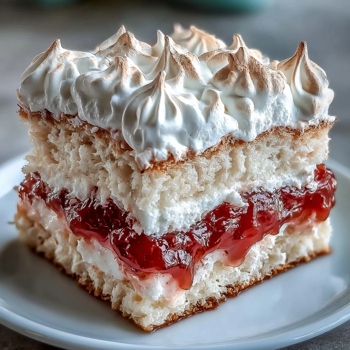 Close-up on a moist slice of Homemade Brazo Gitano, highlighting the glossy meringue topping and sweet guava swirl.