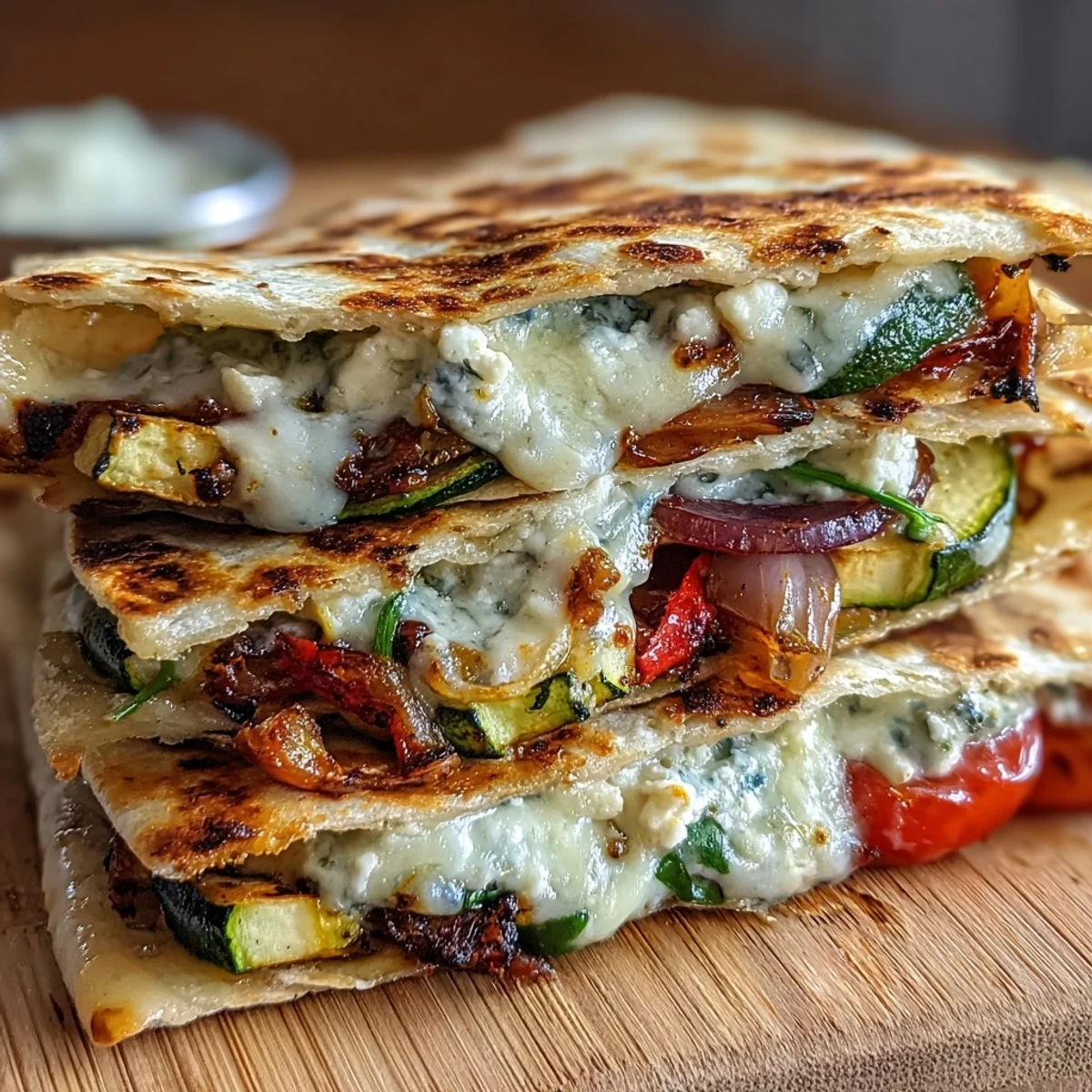 Freshly sliced wedges of Grilled Mediterranean Veggie Quesadillas served with a side of hummus.