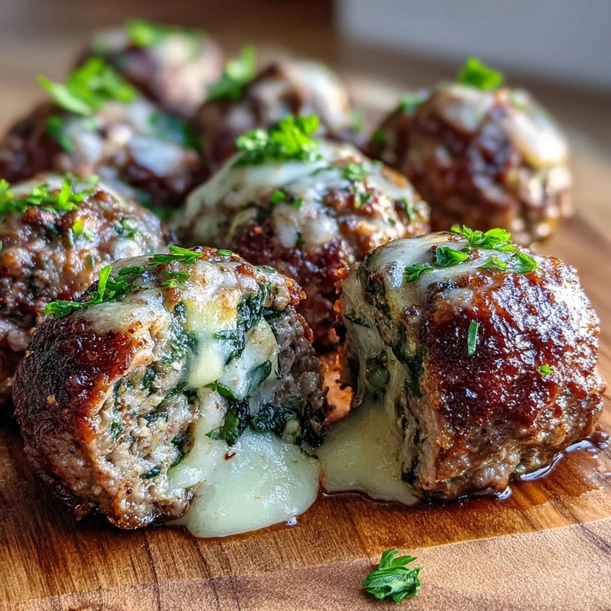 A skillet holds four juicy Spinach Garlic Meatballs simmering in marinara sauce, perfect for a classic Italian-American dinner.
