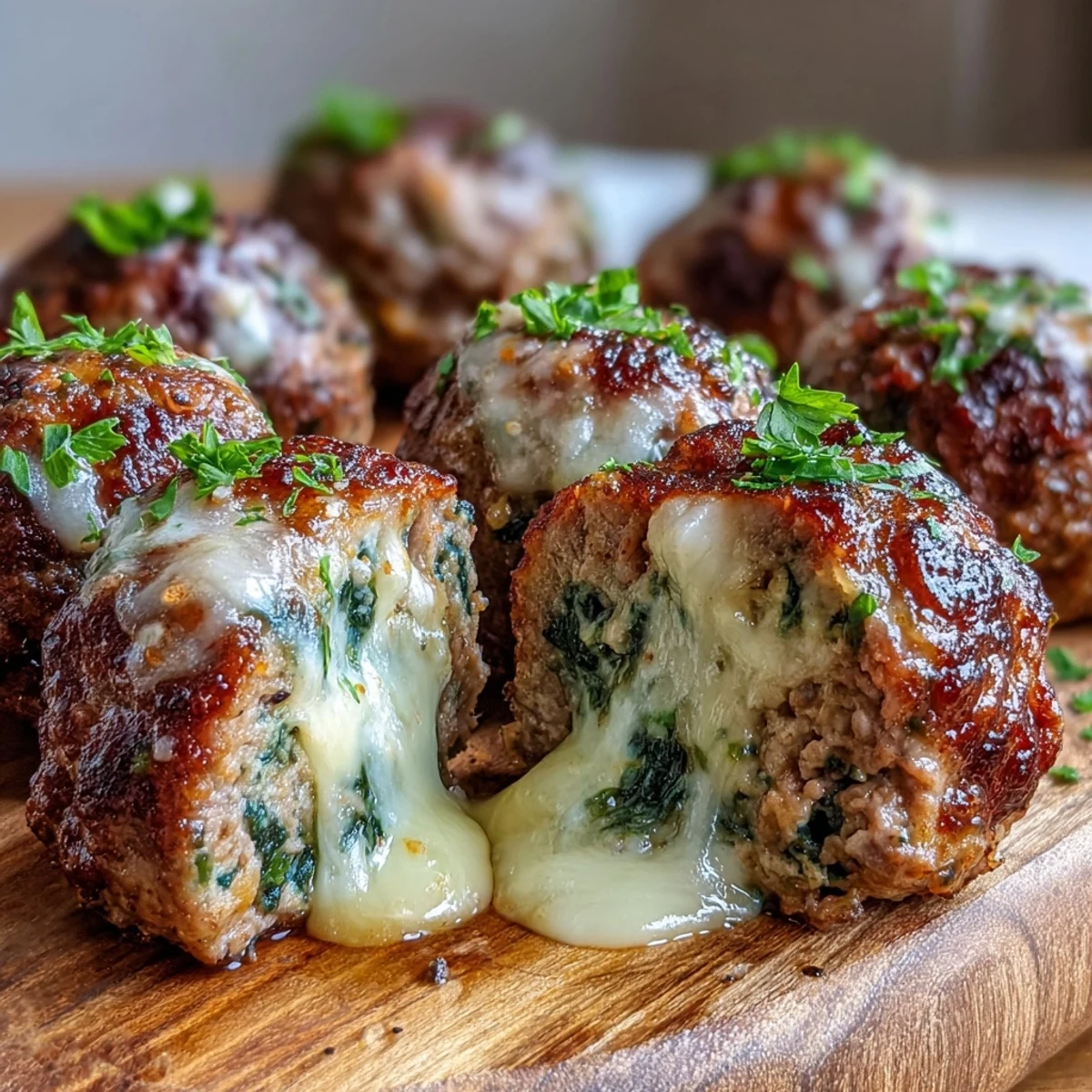 Golden-baked Spinach Garlic Meatballs with gooey mozzarella centers on a rustic wooden board, garnished with fresh parsley.