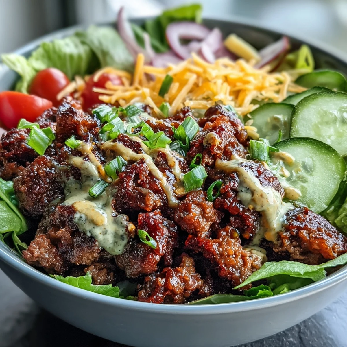 Bright tomatoes and dill pickles add crunch to a low-carb High-Protein Cheeseburger Bowl, served with a creamy homemade dressing.