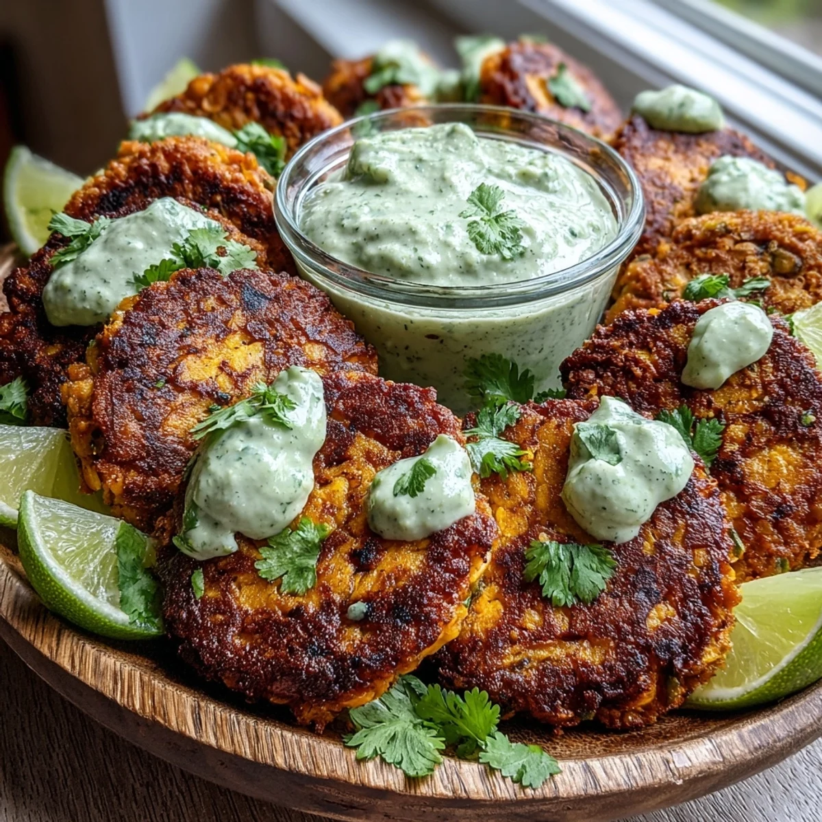 Freshly fried Crispy Sweet Potato & Red Lentil Patties stacked high, topped with a dollop of creamy avocado cilantro dip.