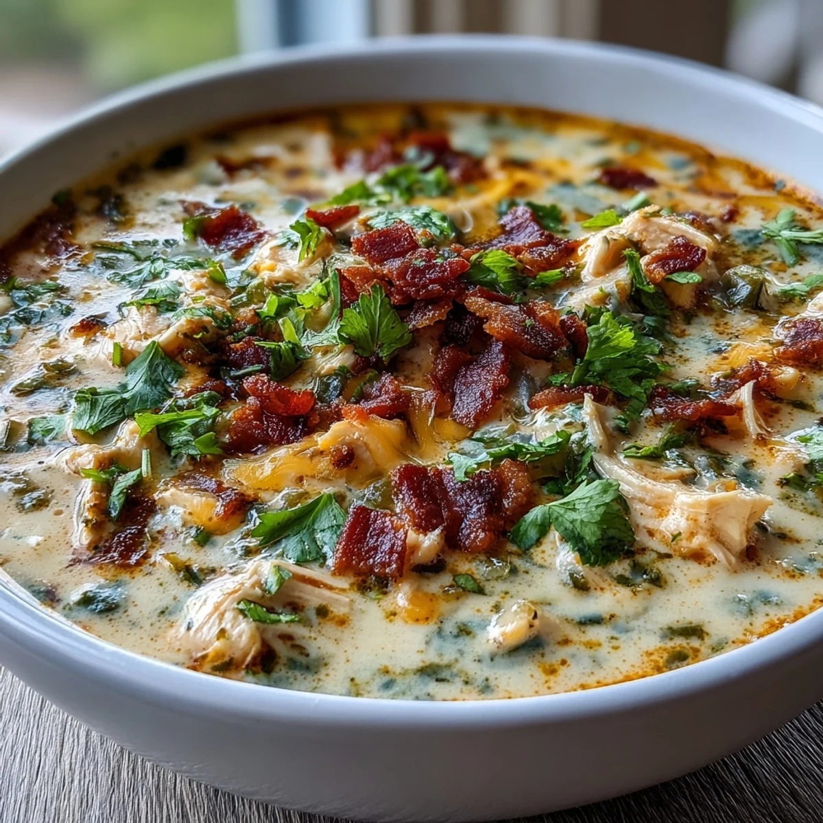 Tender shredded chicken and melted cheddar cheese in a rich, creamy broth for Spicy Jalapeño Popper Chicken Soup, served with crusty bread.