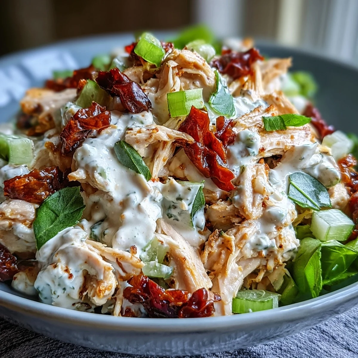 Sun-Dried Tomato Chicken Salad served on crunchy crackers for a protein-packed lunch. 