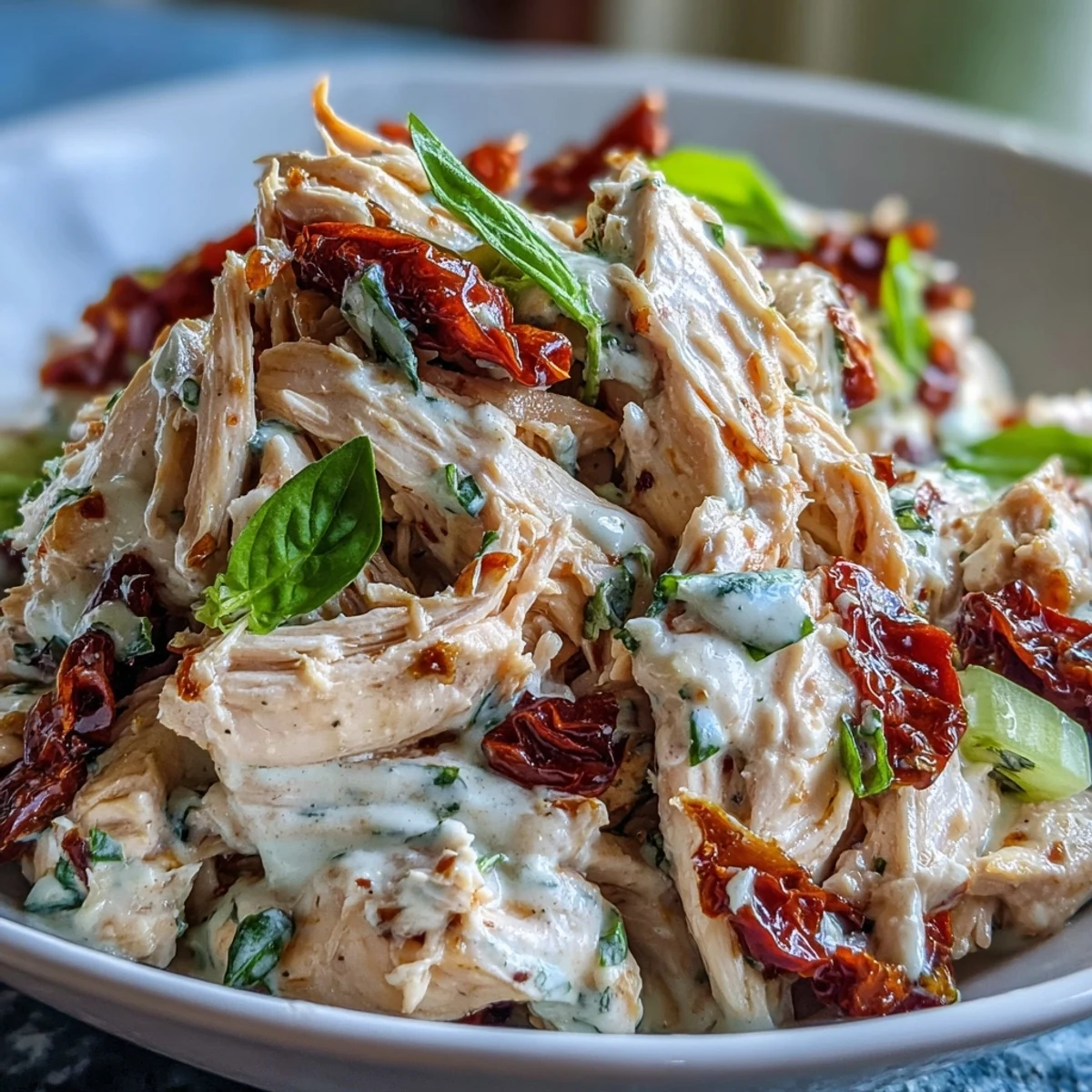 Creamy Sun-Dried Tomato Chicken Salad in a sandwich with fresh greens. 