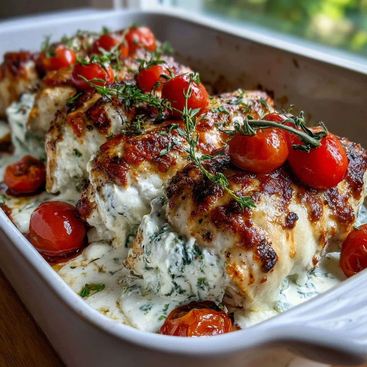 Freshly baked High Protein Chicken Bake topped with melted mozzarella, vibrant cherry tomatoes, and fresh spinach leaves, resting in a white ceramic baking dish.