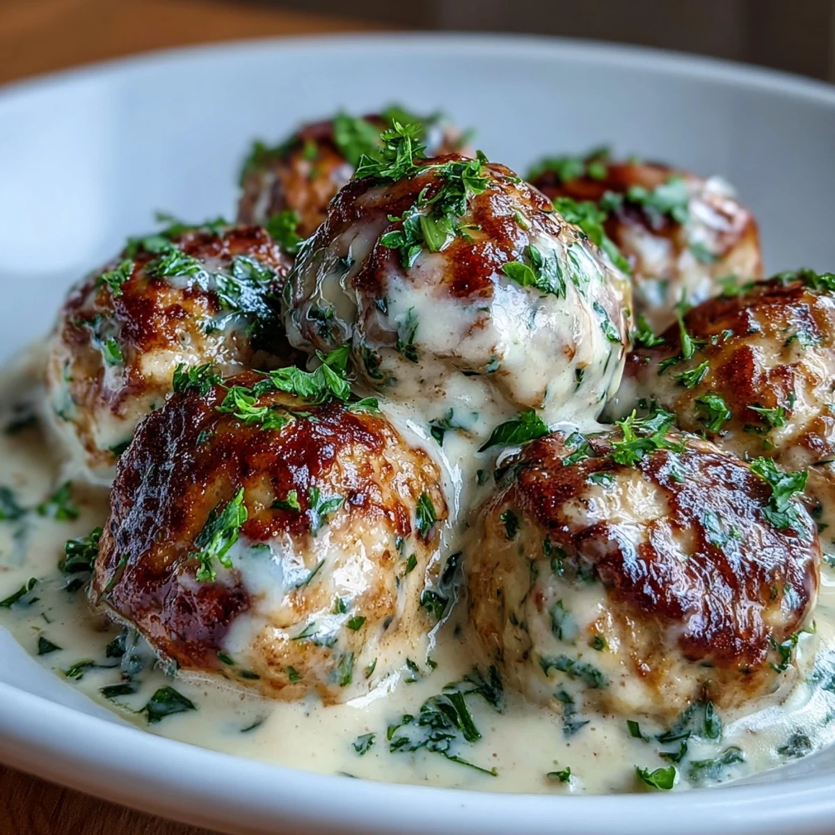 Golden-brown turkey meatballs simmered in a creamy garlic ranch sauce, served over fluffy mashed potatoes.