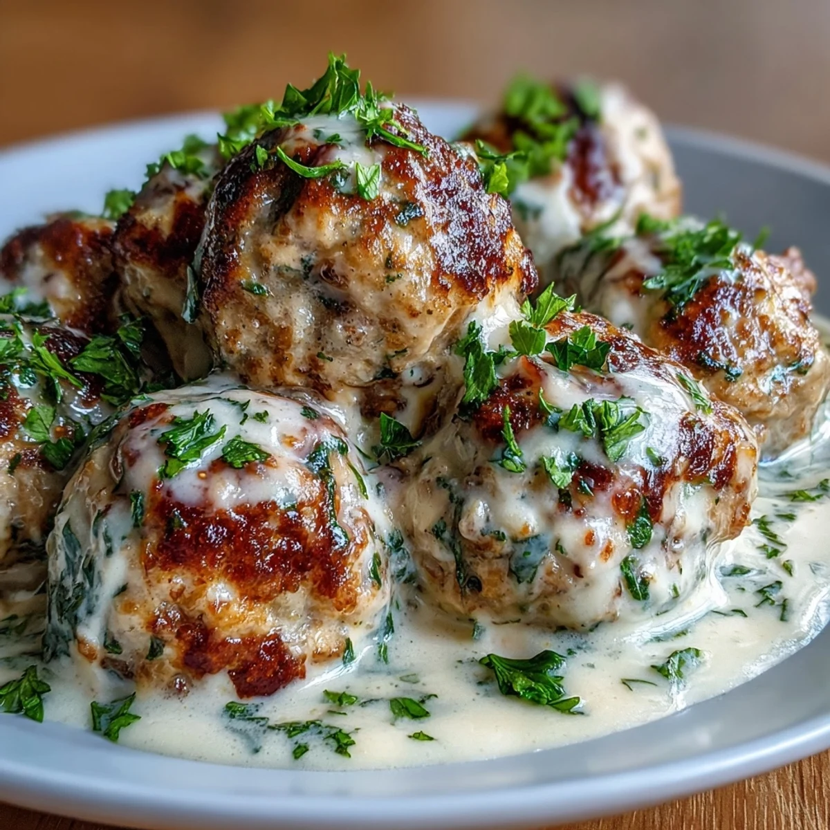Close-up of Creamy Garlic Ranch Turkey Meatballs garnished with fresh parsley in a skillet.