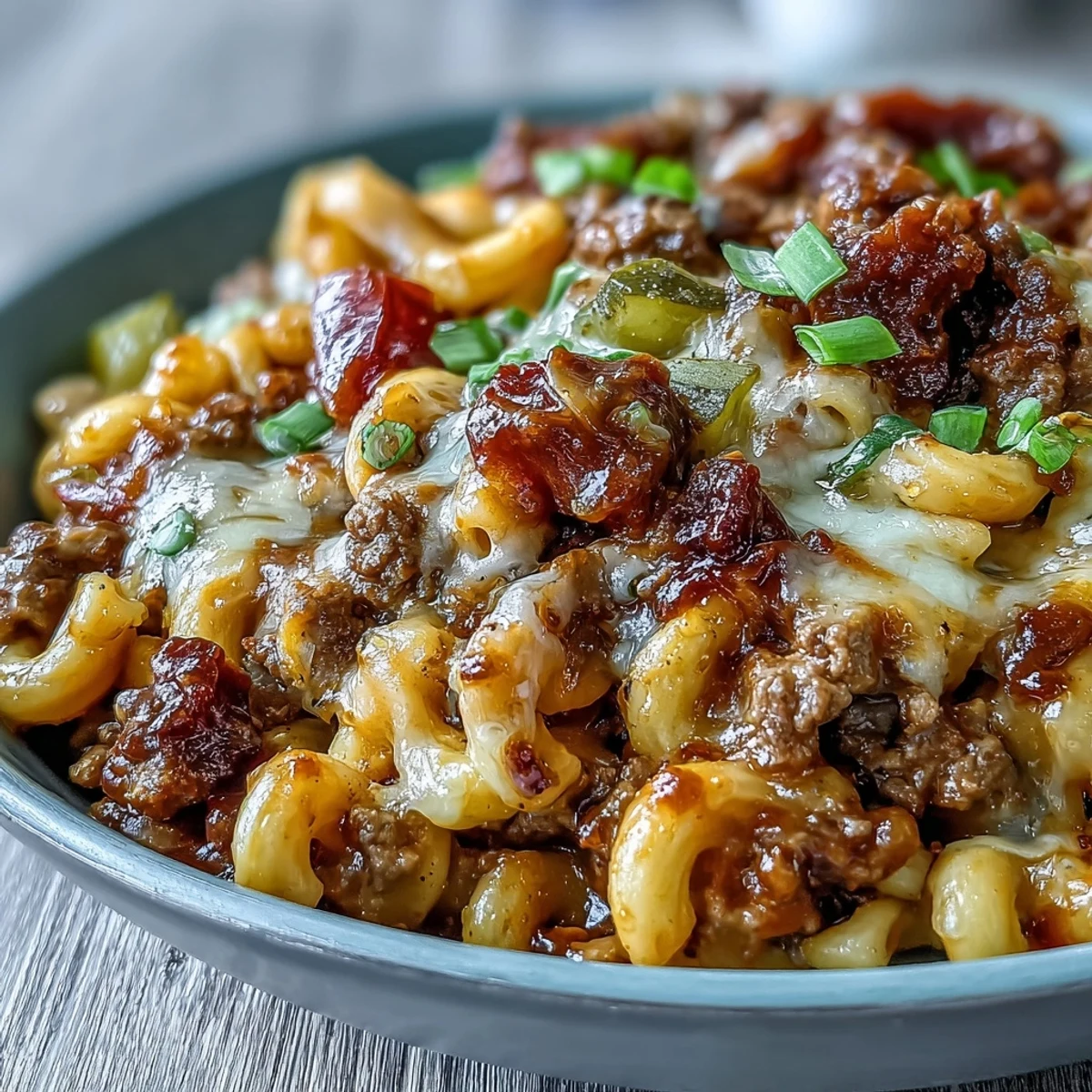 One-Pan Cheeseburger Chili Mac steaming in a skillet with melted cheddar, diced pickles, and fresh herbs for a weeknight family dinner.