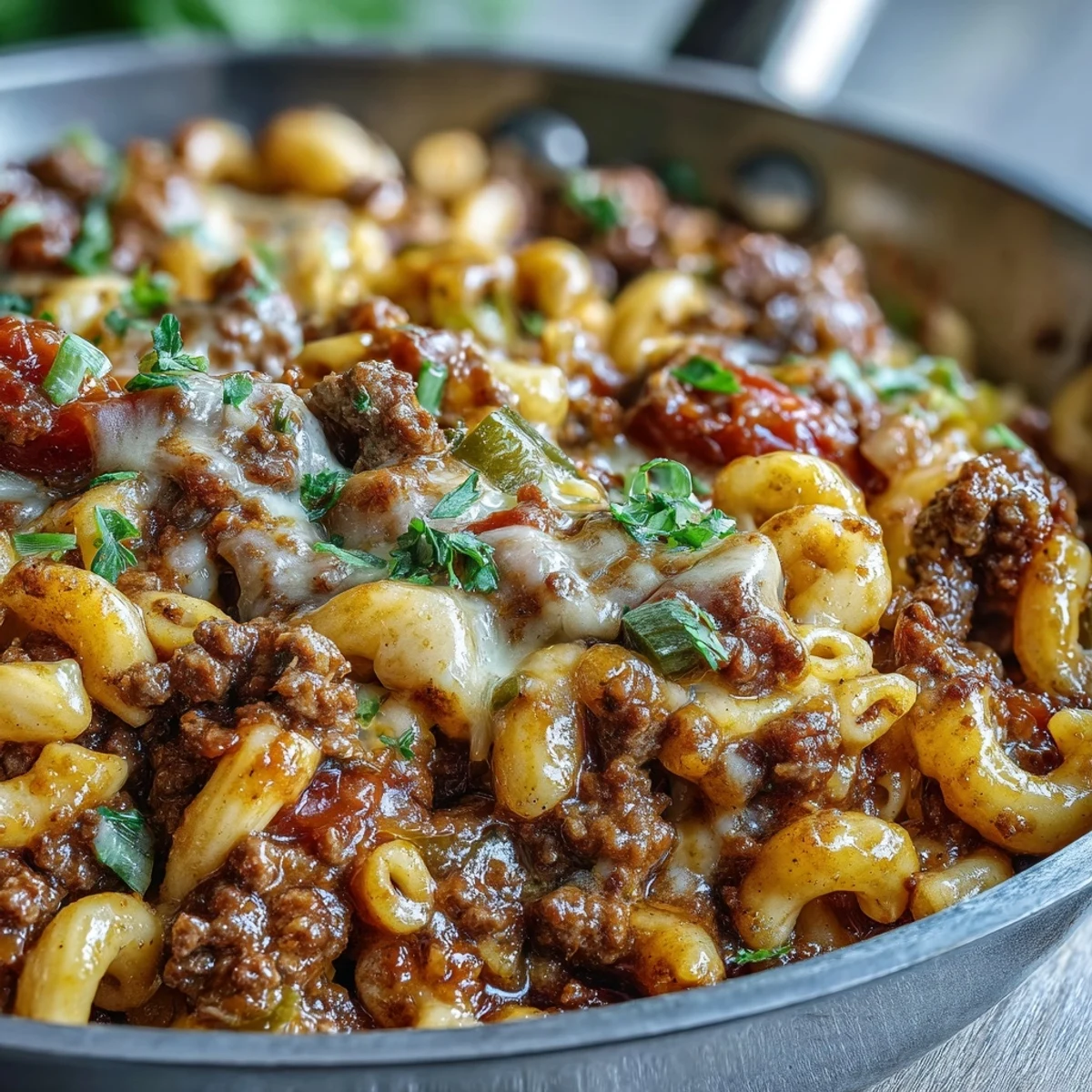 A close-up of One-Pan Cheeseburger Chili Mac, showing elbow pasta coated in creamy cheese, savory beef, and a hint of ketchup-mustard glaze.