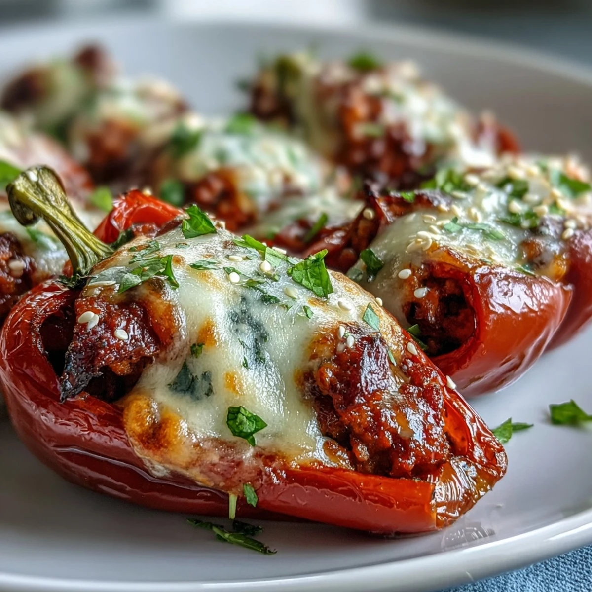 A close-up of halved Korean-Style Turkey Stuffed Sweet Peppers filled with browned turkey, carrots, and green onions, garnished with fresh cilantro and sesame seeds.