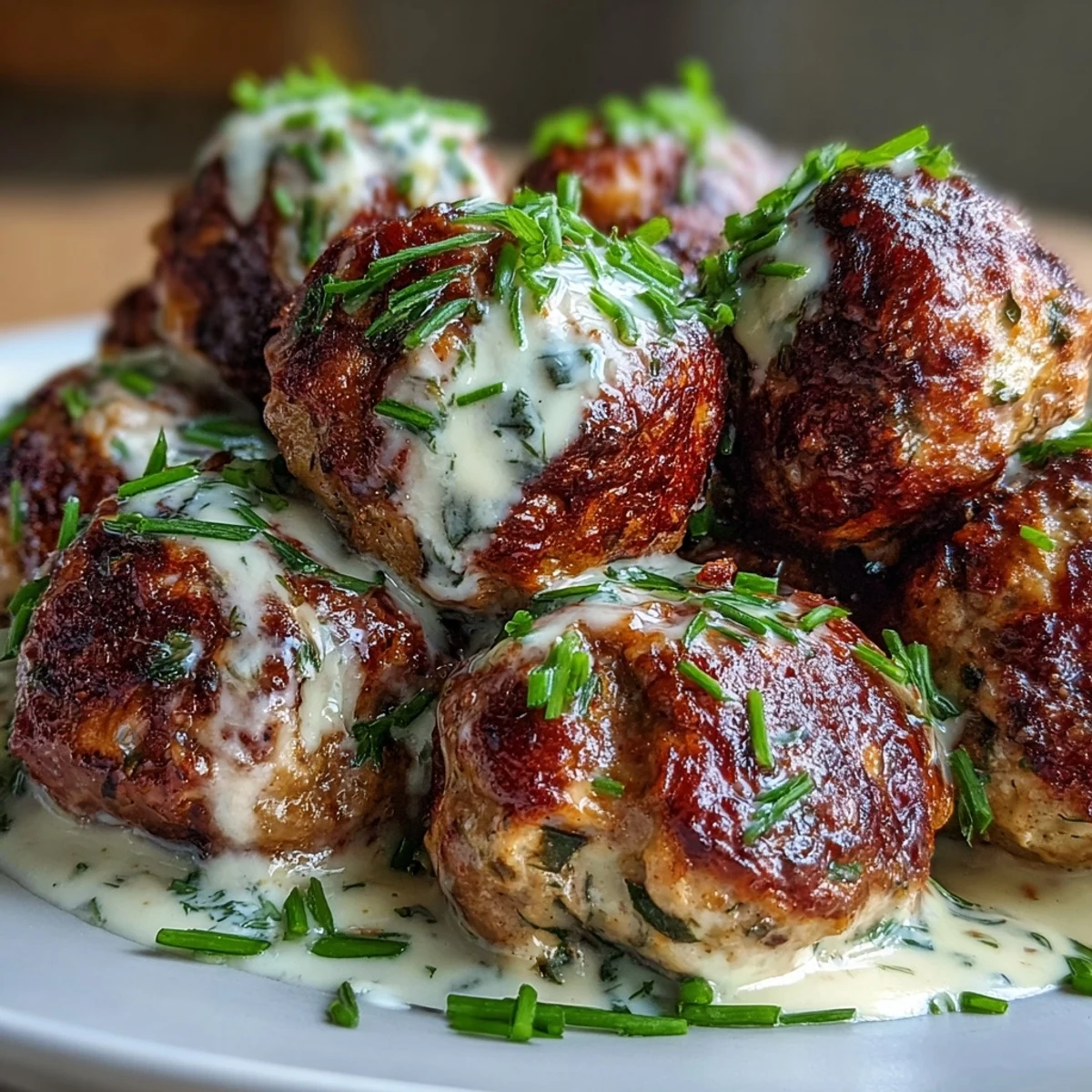 Golden-baked Creamy Garlic Ranch Turkey Meatballs rest in a luscious garlic cream sauce, garnished with fresh parsley.