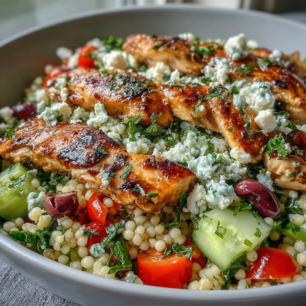 Serving suggestion for Mediterranean Pearl Couscous Chicken Bowls, topped with juicy chicken strips and a lemony olive oil dressing.